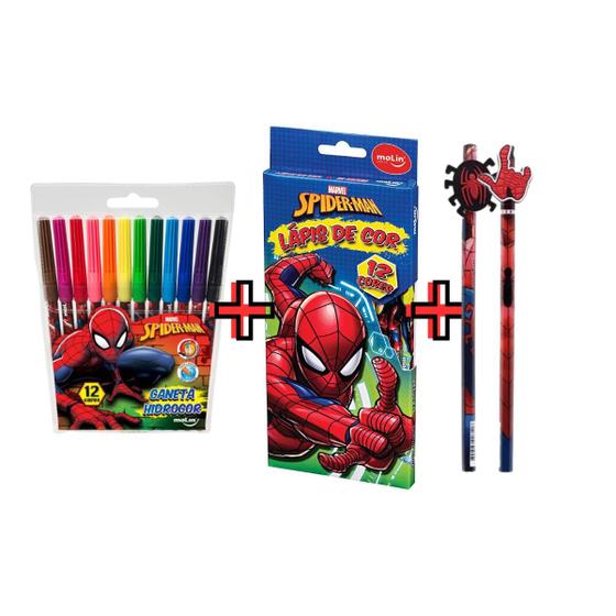 Imagem de Kit Molin Spider-Man: 2 Lápis HB + 12 Canetinhas + 12 Cores