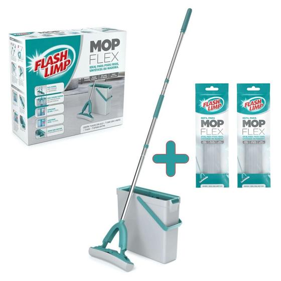 Imagem de Kit Mop Flex Limpa Lava e Seca Rodo Balde Flash Limp MOP7092  +  2 Refil RMOP7092