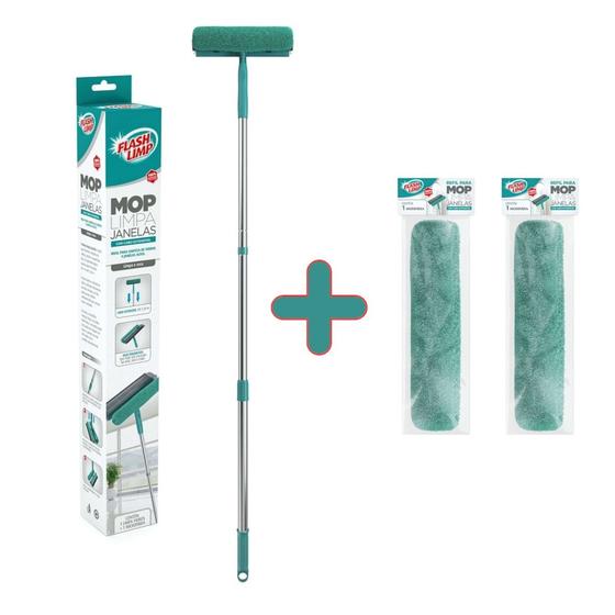 Imagem de Kit Mop Limpa Janelas com Cabo Extensível Flash Limp MOP6071 + 2 Refil RMOP6071