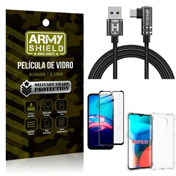 Imagem de Kit Moto E7 Cabo em L Tipo C HS180 + Capinha + Película 3D - Armyshield