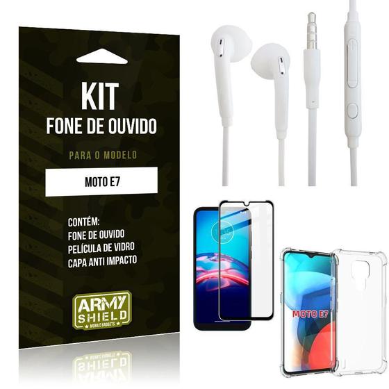 Imagem de Kit Moto E7 Fone De Ouvido+Capa Anti Shock+Película Vidro 3D