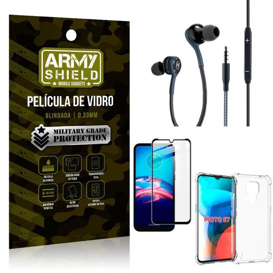 Imagem de Kit Moto E7 Fone Extreme + Capa Anti Impacto + Película 3D - Armyshield