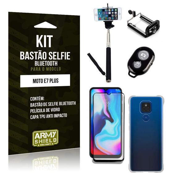 Imagem de Kit Moto E7 Plus Bastão de Selfie Bluetooth + Capinha Anti Impacto + Película Vidro 3D - Armyshield