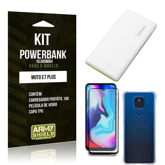 Imagem de Kit Moto E7 Plus Carregador Portátil 10K + Capa Anti Impacto + Película Vidro 3D - Armyshield