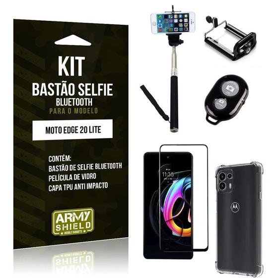 Imagem de Kit Moto Edge 20 Lite Bastão Selfie Bluetooth + Capinha Anti Impacto + Película Vidro 3D -Armyshield