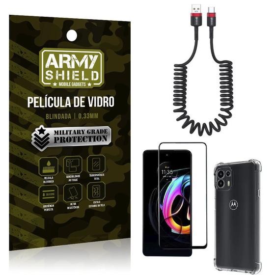 Imagem de Kit Moto Edge 20 Lite Cabo Espiral Tipo C + Capa Anti Impacto + Película Vidro 3D - Armyshield