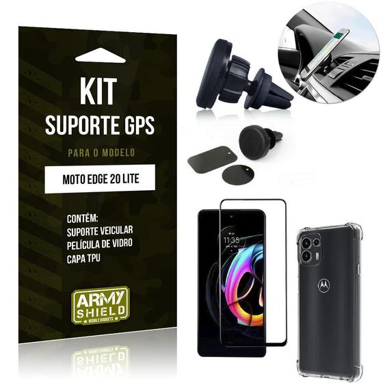 Imagem de Kit Moto Edge 20 Lite Suporte Veicular Magnético + Capa Anti Impacto + Película Vidro 3D -Armyshield