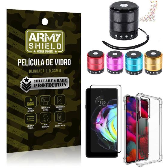 Imagem de Kit Moto Edge 20 Mini Som Bluetooth + Capa Anti Impacto + Película Vidro 3D - Armyshield