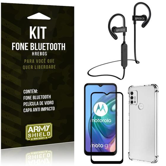 Imagem de Kit Moto G10 Fone Bluetooth HS188 + Película 3D + Capa Anti Impacto - Armyshield