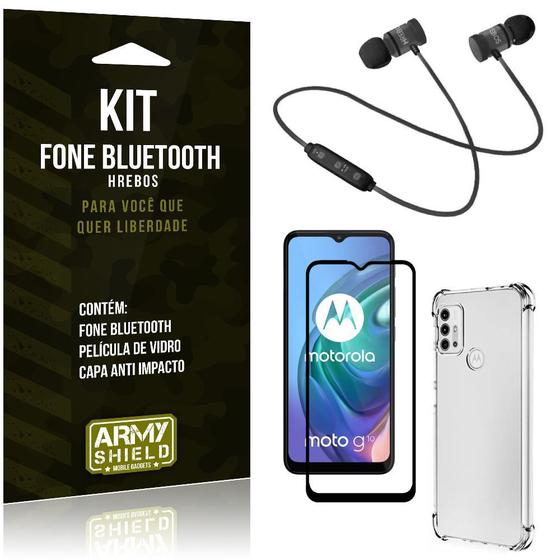 Imagem de Kit Moto G10 Fone Bluetooth KD901 + Capa Anti Impacto + Película Vidro 3D - Armyshield