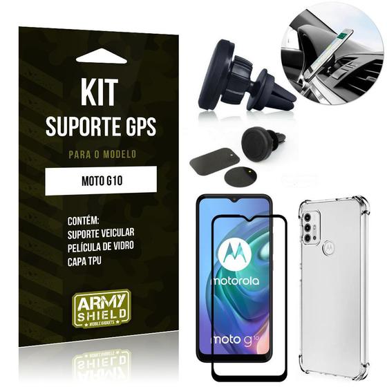 Imagem de Kit Moto G10 Suporte Veicular Magnético + Capa Anti Impacto + Película Vidro 3D - Armyshield