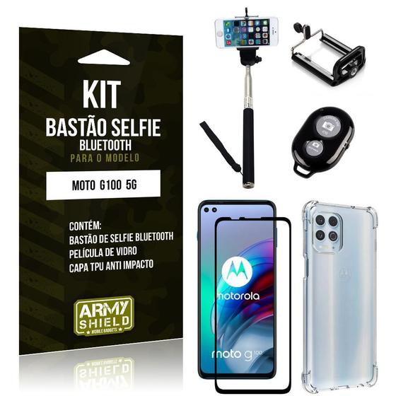 Imagem de Kit Moto G100 5G Bastão de Selfie Bluetooth + Capinha Anti Impacto + Película Vidro 3D - Armyshield