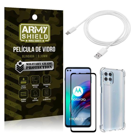 Imagem de Kit Moto G100 5G Cabo USB Tipo C 2m + Capa Anti Impacto + Película Vidro 3D - Armyshield