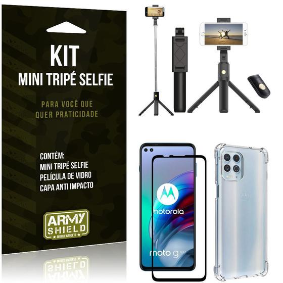 Imagem de Kit Moto G100 5G Mini Tripé Selfie Bluetooth para + Capa Anti Impacto + Película 3D - Armyshield