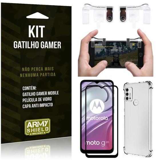 Imagem de Kit Moto G20 Gatilho Gamer+Capa Anti Shock+Película Vidro 3D