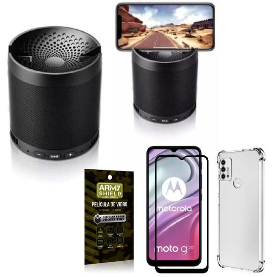 Imagem de Kit Moto G20 Som Bluetooth Potente Q3 + Capinha + Película 3D - Armyshield