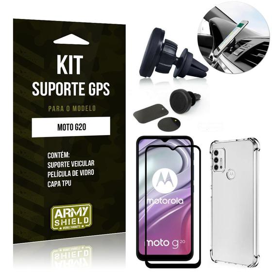 Imagem de Kit Moto G20 Suporte Veicular Magnético + Capa Anti Impacto + Película Vidro 3D - Armyshield