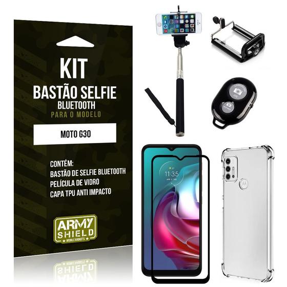 Imagem de Kit Moto G30 Bastão de Selfie Bluetooth + Capinha Anti Impacto + Película Vidro 3D - Armyshield