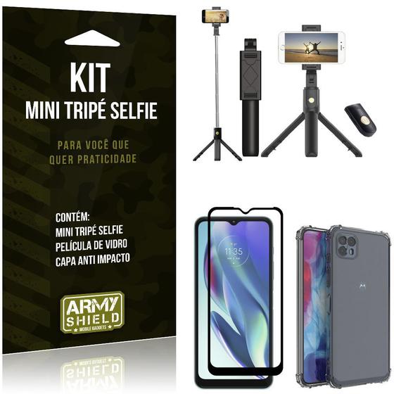 Imagem de Kit Moto G50 5G Mini Tripé Selfie Bluetooth para + Capa Anti Impacto + Película 3D - Armyshield
