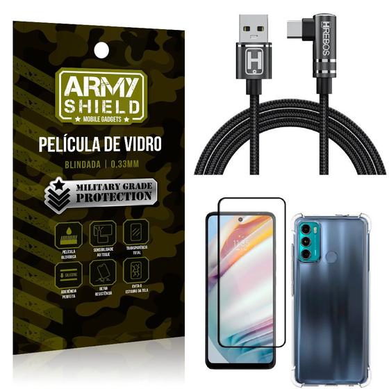 Imagem de Kit Moto G60 Cabo em L Tipo C HS180 + Capinha + Película 3D - Armyshield