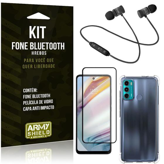 Imagem de Kit Moto G60 Fone Bluetooth KD901 + Capa Anti Impacto + Película Vidro 3D - Armyshield