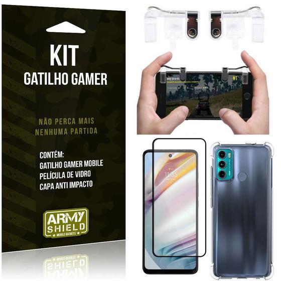 Imagem de Kit Moto G60 Gatilho Gamer+Capa Anti Shock+Película Vidro 3D