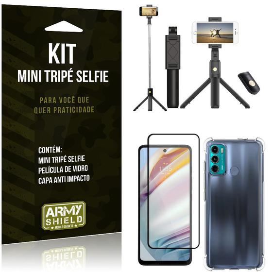 Imagem de Kit Moto G60 Mini Tripé Selfie Bluetooth para + Capa Anti Impacto + Película 3D - Armyshield