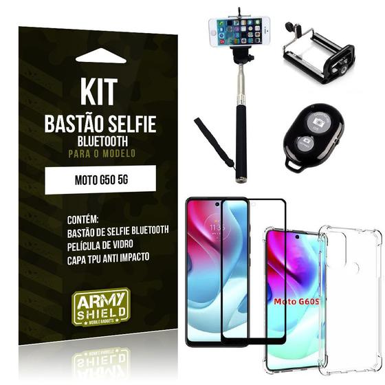 Imagem de Kit Moto G60S Bastão de Selfie Bluetooth + Capinha Anti Impacto + Película Vidro 3D -Armyshield