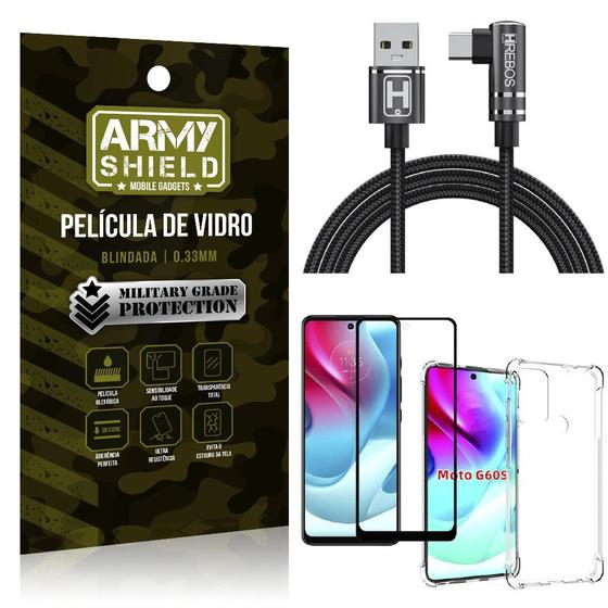 Imagem de Kit Moto G60S Cabo em L Tipo C HS180 + Capinha + Película 3D - Armyshield