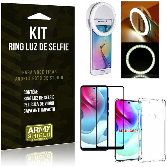 Imagem de Kit Moto G60S Flash Ring + Capa Anti Impacto + Película de Vidro 3D - Armyshield