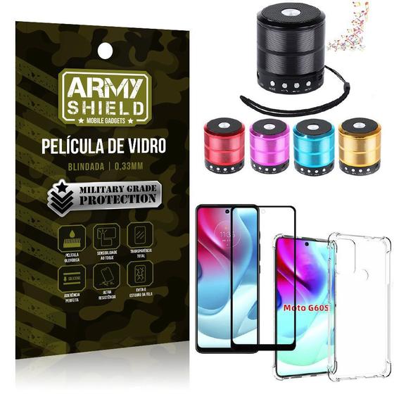 Imagem de Kit Moto G60S Mini Som Bluetooth + Capa Anti Impacto + Película Vidro 3D - Armyshield