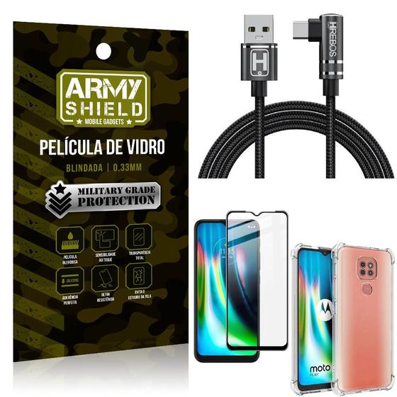 Imagem de Kit Moto G9 Play Cabo em L Tipo C HS180 + Capinha + Película 3D - Armyshield