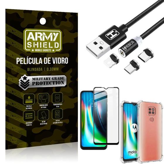Imagem de Kit Moto G9 Play Cabo Magnético 2 Metros + Capinha + Película 3D - Armyshield