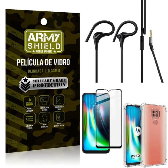 Imagem de Kit Moto G9 Play Fone Sport HS92 + Capinha + Película 3D - Armyshield