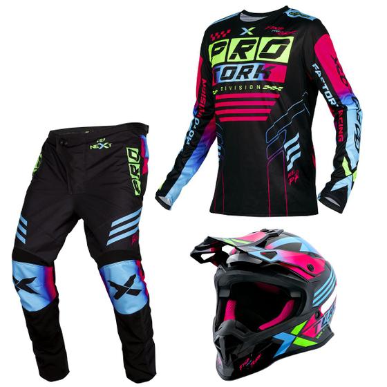 Imagem de Kit Motocross Fast Next Camisa Calça Capacete Brilhante Preto - Rosa Conjunto