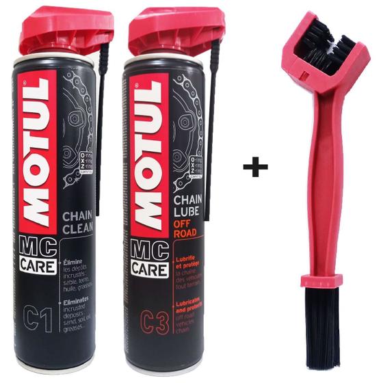 Imagem de Kit Motul Limpa E Lubrifica Corrente C1 + C3 + Escova