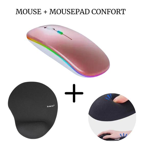 Imagem de Kit Mouse Sem Fio Bluetooth Recarregável Led + Mousepad Ergonômico Para Pc Notebook