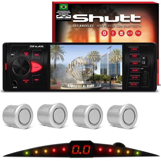 Imagem de Kit MP5 Player Shutt Los Angeles 1 Din 4 Pol Bluetooth USB MP3 + Sensor Ré 4 Pontos Prata Meia Lua