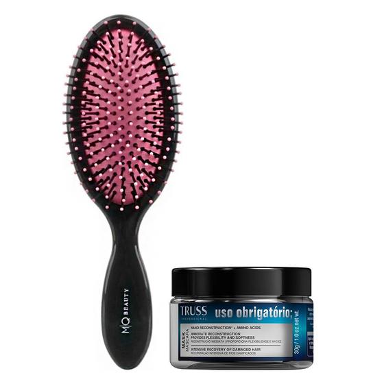 Imagem de Kit mq escova beauty oval gde almofada nylon black e truss uso obrigatório miniatura máscara condicionante 30g