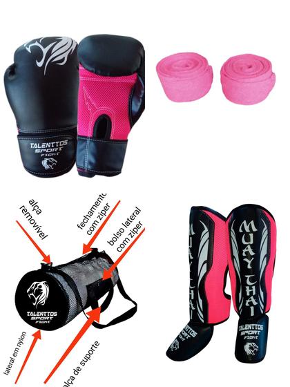 Imagem de Kit Muay Thai Boxe Kickboxing Luva+Caneleira+ Bandagem +Bolsa
