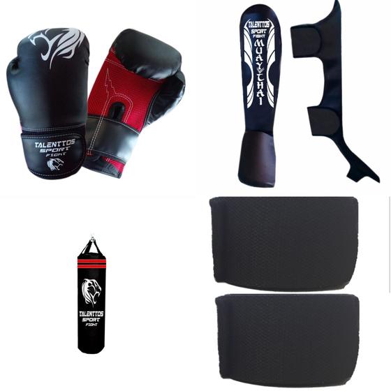 Imagem de kit  Muay Thai Boxe Kickboxing Luvas + Saco+ Caneleiras+ Bandagens(saco vazio)