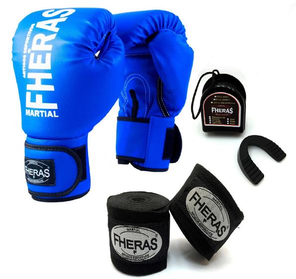 Imagem de Kit Muay Thai Fheras Luva Bandagem Bucal 14oz Azul