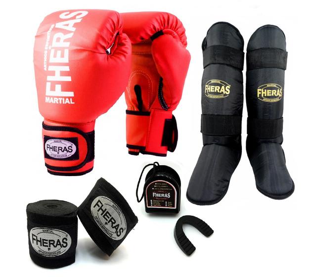 Imagem de Kit Muay Thai Fheras Luva New + Caneleira + Bandagem + Bucal Vermelha