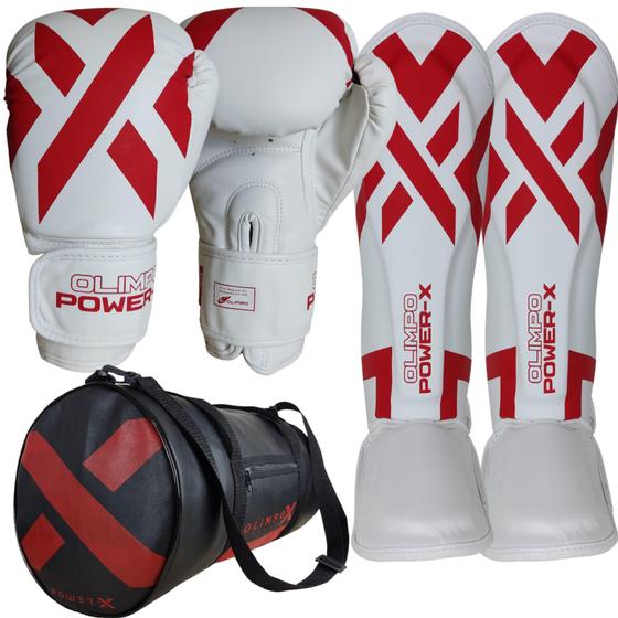 Imagem de Kit Muay Thai Kickboxing Luva + Caneleira + Bolsa Olimpo Branco