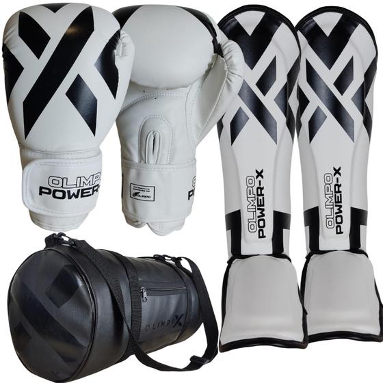 Imagem de Kit Muay Thai Kickboxing Luva + Caneleira + Bolsa Olimpo Branco