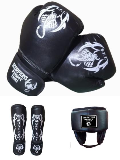 Imagem de Kit  Muay Thai,Kickboxing Luva+caneleira+protetor De Cabeça Scorpions 