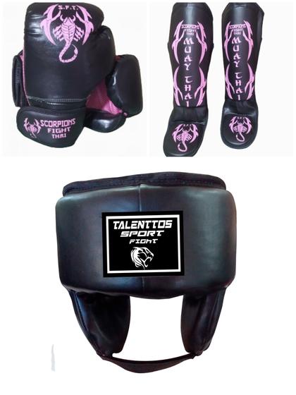 Imagem de Kit  Muay Thai,Kickboxing Luva+caneleira+protetor De Cabeça Scorpions 