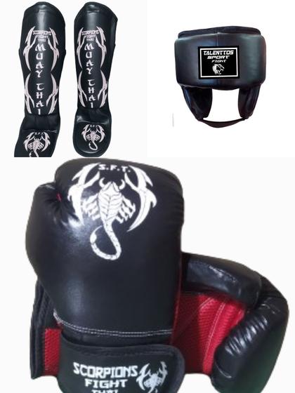 Imagem de Kit  Muay Thai,Kickboxing Luva+caneleira+protetor De Cabeça Scorpions 