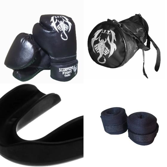 Kit Muay Thai Luva, Bandagem, Bucal e Bolsa Scorpions Fight Thai Menor preço em Kit Muay Thai Luva, Bandagem, Bucal e Bolsa Scorpions Fight Thai