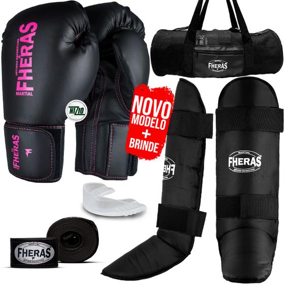 Imagem de Kit Muay Thai Luva Bandagem Caneleira Bucal Bolsa Pink 12oz